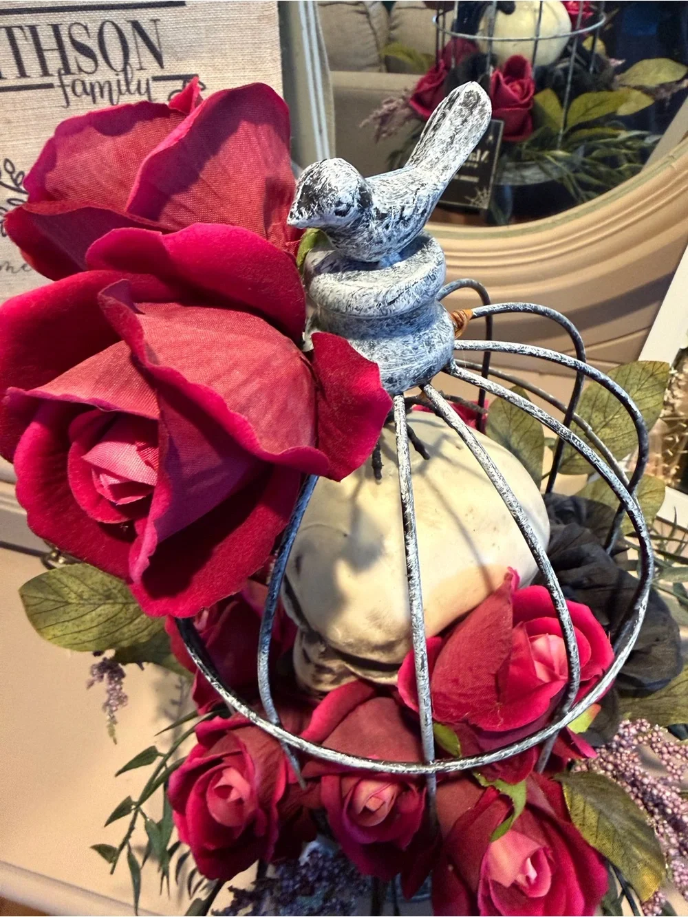 Martha Stewart 19’ Skull In Bird Cage with Dark Red Roses New With Tags